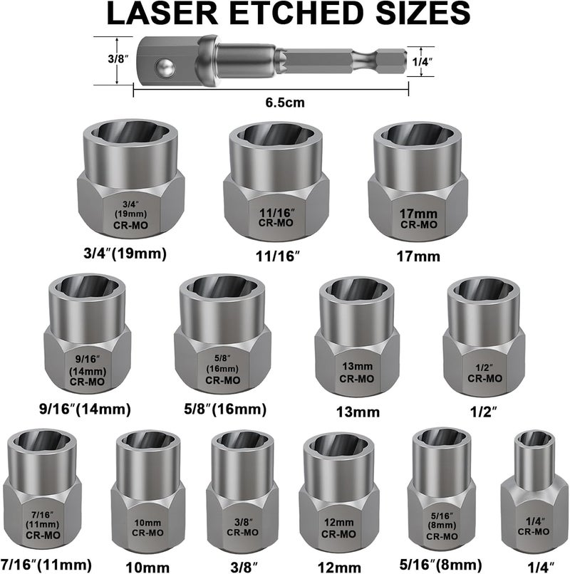 Topec 13+1 Piece Impact Bolt & Nut Remover Set, 3/8" Drive Bolt Extractor Socket Set, 8mm-19mm Stripped Lug Nut Remover, Twist Socket for Damaged, Rusted, Rounded Fasteners - Image 2